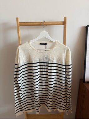 Massimo Dutti Cream and Black Striped Crewneck Sweater